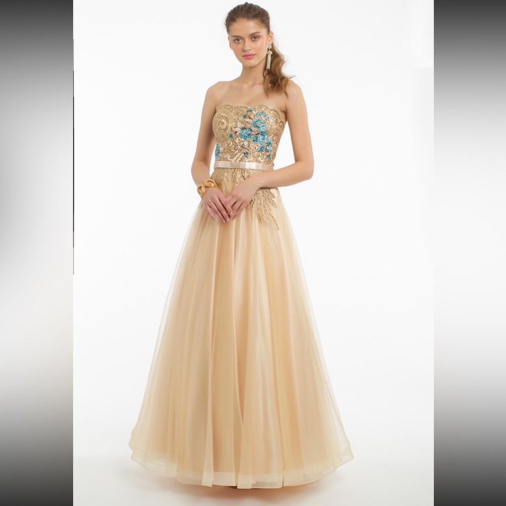 Used prom dress. Ball gown dress. Gold/ champagne with blue floral detail.